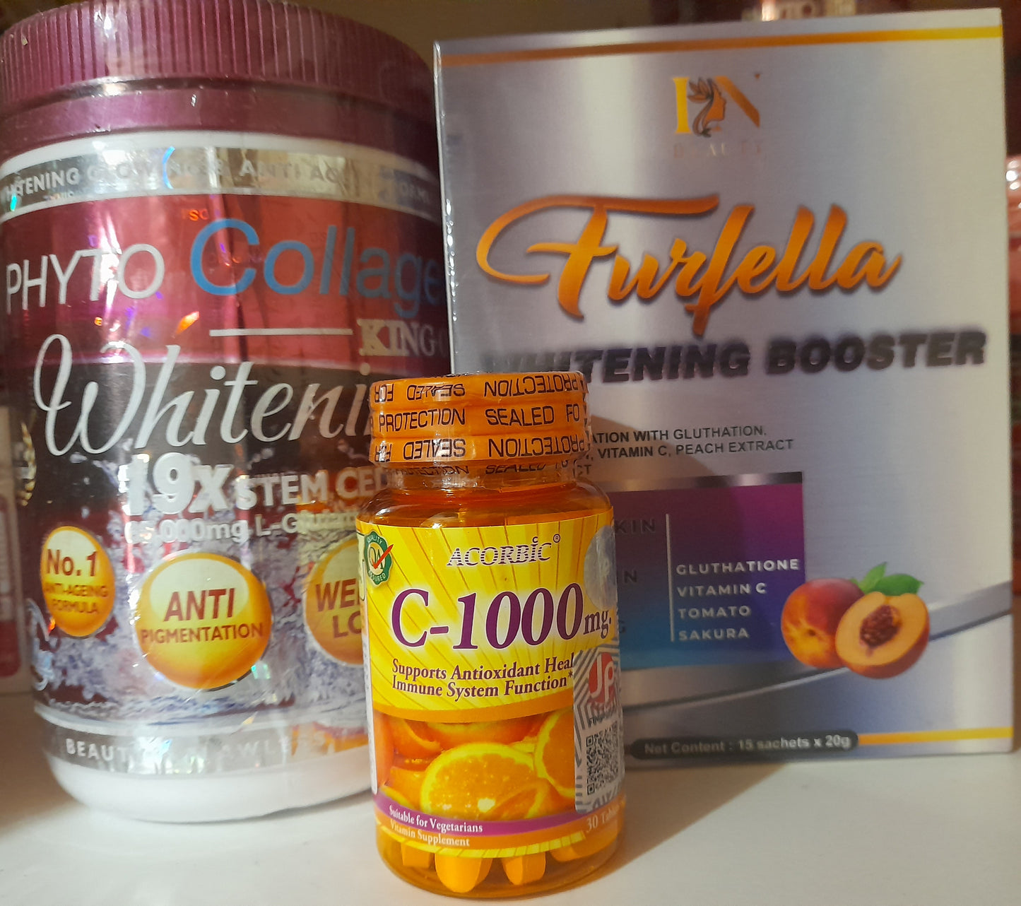PHYTO COLLAGÈNE, FURFELLA BOOSTER , VITAMINE C ASCORBIC GLUTATHIONE WHITENING BYE BYE BOUTONS HYPER PIGMENTATION
