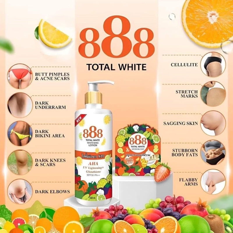 888 total white lait et sérum concentré super Eclaircissant, glutathione, aha, collagène + 10 ampoules d'injection