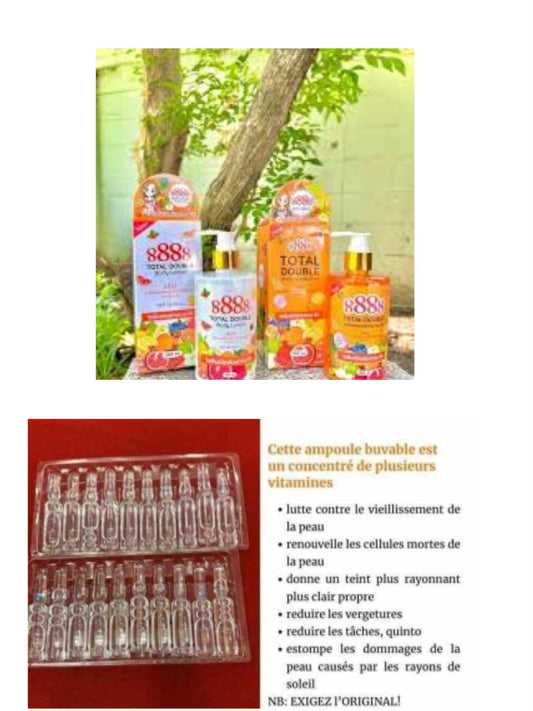 888 total white lait et sérum concentré super Eclaircissant, glutathione, aha, collagène + 10 ampoules d'injection