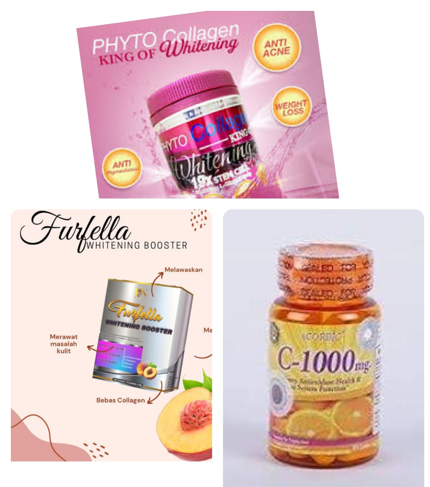 PHYTO COLLAGÈNE, FURFELLA BOOSTER , VITAMINE C ASCORBIC GLUTATHIONE WHITENING BYE BYE BOUTONS HYPER PIGMENTATION