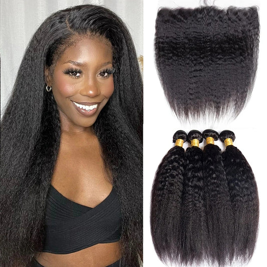 Tissages virgin hair yaki straight double trame 4 bundles 28 pouce et lace frontal hd 13"×4" 18 pouces