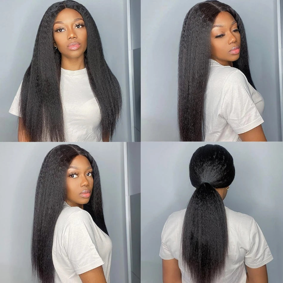 Tissages virgin hair yaki straight double trame 4 bundles 28 pouce et lace frontal hd 13"×4" 18 pouces