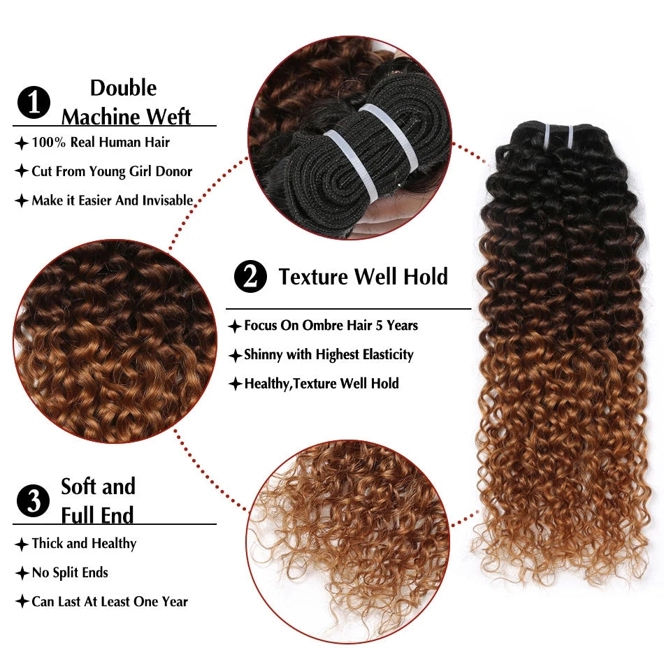 tissages Afro crépus bouclés ombres double trame 1B-4-30  ( lot des 4 boules) , 24,26,28,28 pouces