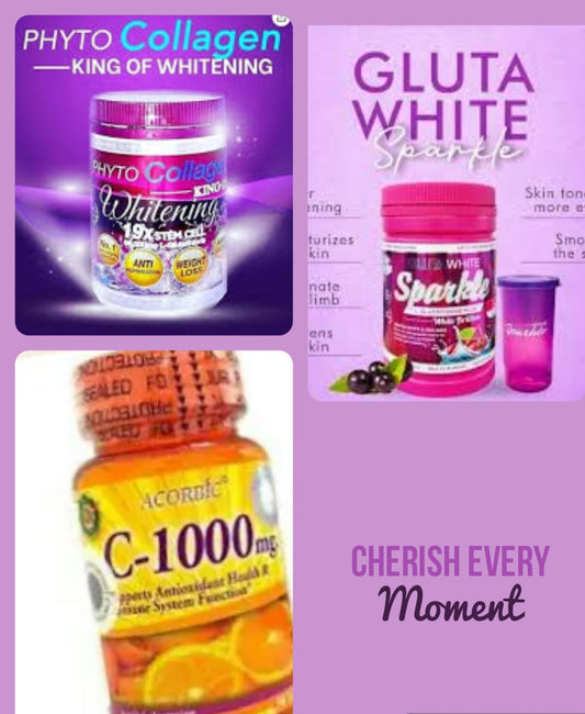 Phyto collagène, Vitamine c ascorbic, gluta White sparkle trio teint propre sans tâches