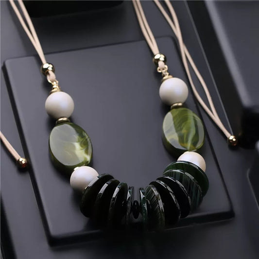 COLLIER PERLE LONGU CORDE ACCESSOIRES VINTAGE, VERT, BLANC, NOIR