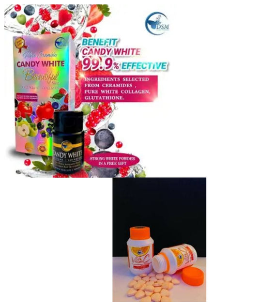PHYTO CERAMIDES CANDY WHITE COLLAGÈNE  WHITENING GLUTATHIONE,  VITAMINE C ASCORBIC 1000MG,  60 COMPRIMÉS